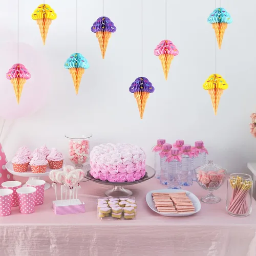 Vista 5 de 8 piezas de bolas de panal de helado para decoración de mesas de helado colgante de techo, papel de seda, suministros de fiesta para temática