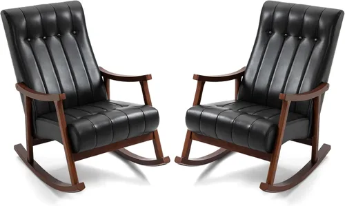 Vista 11 de AVAWING Silla mecedora tapizada con asiento acolchado de tela, cómoda balancín de madera maciza para sala de estar, silla moderna de respaldo alto