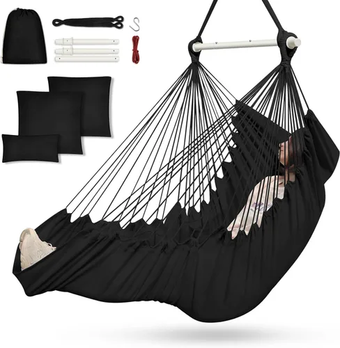 Outerman Silla tipo hamaca, silla colgante con 3 cojines y soporte para los pies, barra separadora de metal resistente con un máximo de 500 libras,