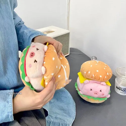 Vista 5 de Hamburguesa de peluche, divertidos juguetes de peluche de hamburguesa con queso, almohada de peluche de comida, regalos para niños (cerdo beige)