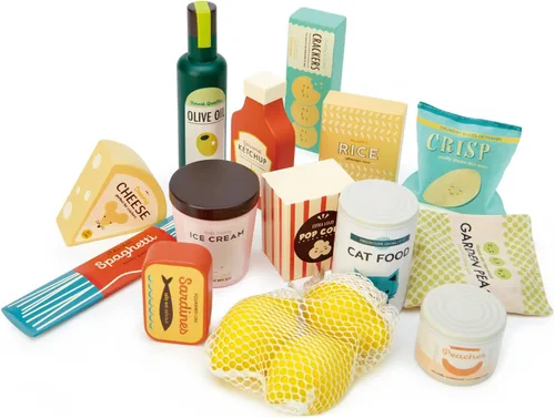 Vista 2 de Tender Leaf Toys - Juego de comestibles de supermercado - Paquete de 17 piezas de madera para juegos de roles de supermercado, accesorios de cocina