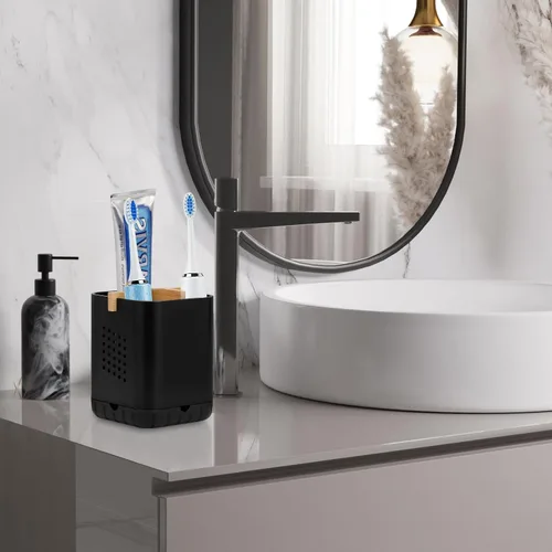 Vista 4 de Boperzi Portacepillos de dientes negros para baño, soporte eléctrico para cepillos de dientes con divisor de bambú, cepillo de dientes