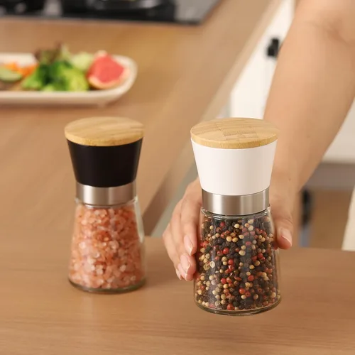 Vista 7 de VUCCHINI Juego de molinillo manual de sal y pimienta con tapa de bambú, molinos de sal y pimienta gruesos ajustables, rebabas de cerámica