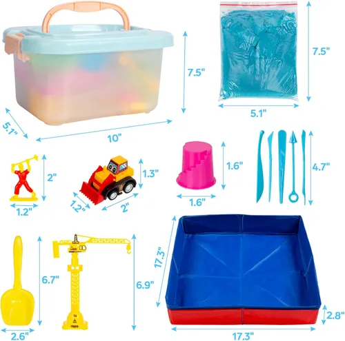 Vista 2 de ThinkMax Kit de arena para niños, arena de 3 libras, 6 mini camiones de construcción, juguetes, letreros, moldes de castillo, herramientas, caja