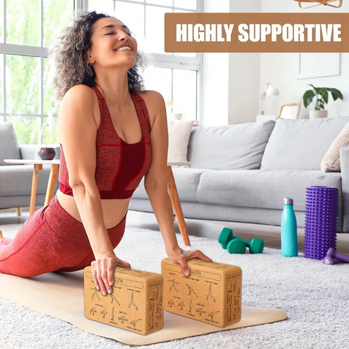 Vista 2 de Halloscume Bloques de yoga de corcho, paquete de 2 bloques de corcho para enseñanza, posturas adecuadas para principiantes y expertos, bloque