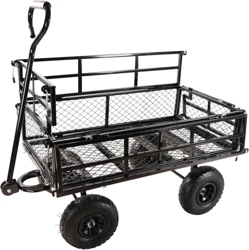 Vista 6 de Carro de jardín resistente con lados plegables, neumáticos neumáticos, mango ajustable (doble capa negra)