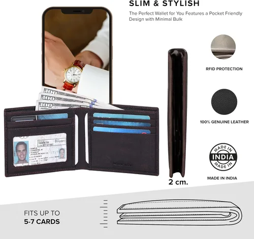 Vista 2 de Cartera de cuero hecha a mano real para hombre, hecha a mano, bloqueo RFID, billetera plegable de capacidad extra, Moca, Minimalista