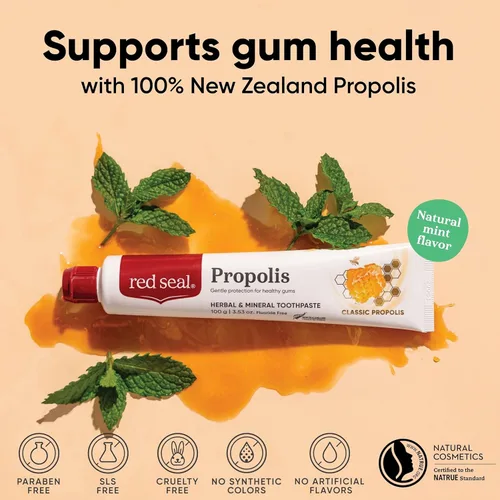 Vista 2 de Red Seal Propolis - Pasta de dientes natural a base de hierbas y minerales, menta suave, sin flúor, pasta dental orgánica, certificado NATRUE