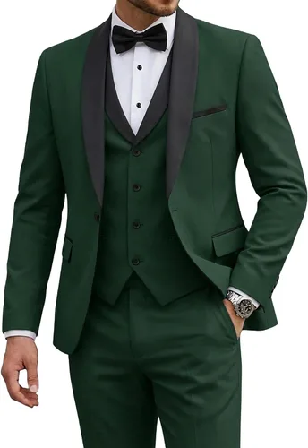 Vista 31 de Conjunto de esmoquin de 3 piezas para hombre con corbatín, ajuste delgado, un botón, chal, solapa, traje, chaqueta, chaleco, pantalones, para bodas