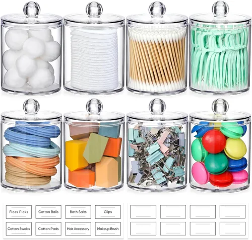 Vista 17 de Paquete de 2 dispensadores acrílicos para hisopos de algodón, bolas, almohadillas, púas de hilo dental, juego de tarros de boticario de plástico