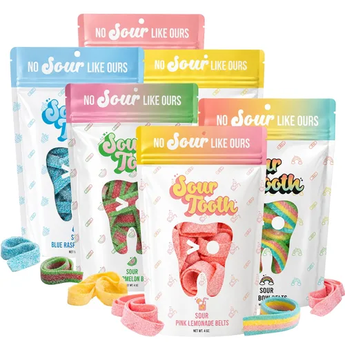 Vista 9 de Sour Tooth Cinturones de fresa, tiras de caramelo de gomitas ácidas masticables, paquete de 6, 4 onzas Soft & Chewy Strips, Sour Candy Bulk, Bulk