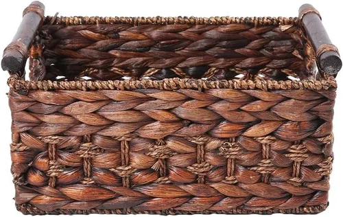 Vista 2 de Canasta de almacenamiento fabricada con jacinto de agua y asas de madera, para manualidades y artesanías. (RectánguloA-Mediano)