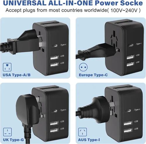 Vista 6 de Adaptador de enchufe de viaje con 2 USB A+1 USB C, adaptador de viaje universal todo en uno, convertidores de corriente, cargador de pared