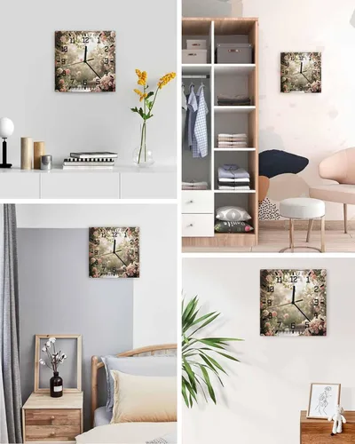 Vista 4 de Pink Rose Spring Floral Wooden Wall Clock Silent Non Ticking, Summer Roses Flowers Farmhouse Square Wall Clock Battery Operated, Decor Clock for