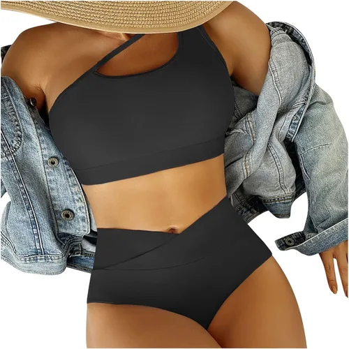 Conjunto de bikini para mujer, sexy, con un hombro, cintura alta, parte delantera cruzada, traje de baño sólido de dos piezas