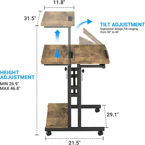 Vista 3 de Escritorio móvil de pie, escritorio ajustable para computadora con 3 escritorios, mesa portátil para laptop con soporte para tazas, estación
