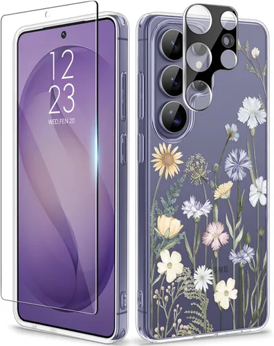 Vista 40 de GVIEWIN Funda protectora para Samsung Galaxy S25, transparente floral, delgada, a prueba de golpes, para mujer, no se pone amarilla, con protector