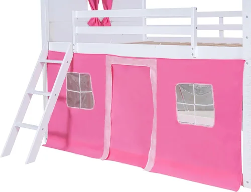 Vista 151 de Cama de casa de tamaño individual con elegantes ventanas y estantería, litera con diseño de castillo de madera con barandillas de seguridad