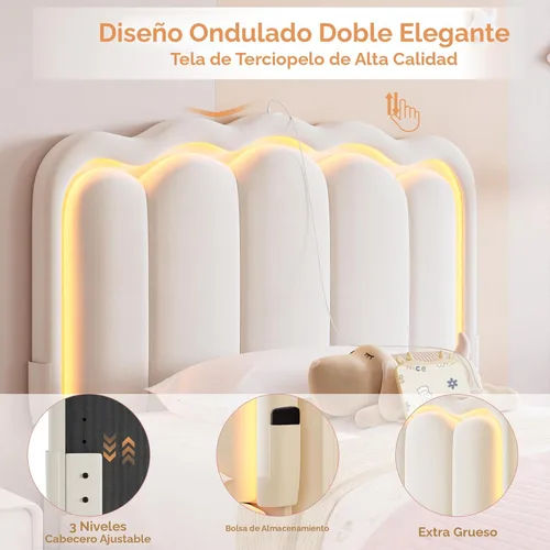 Vista 6 de Marco de cama LED tapizado individual con cajón de almacenamiento y cabecera doble ondulada ajustable, cama de plataforma de terciopelo