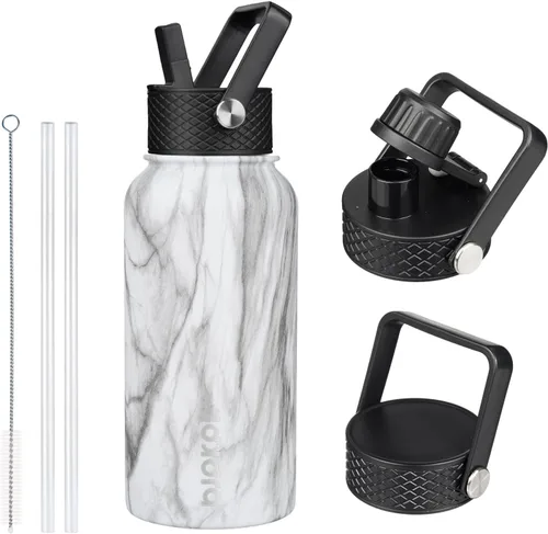 Vista 42 de BJPKPK - Botellas de agua aisladas con tapa de popote, botella de agua de acero inoxidable de 27 onzas con 3 tapas, termo de metal libre de BPA a