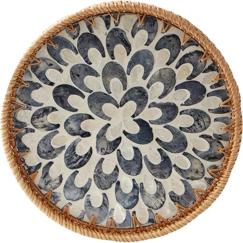 Vista 8 de Bandeja redonda de ratán con incrustaciones de madreperla, bandeja de ratán con base de madera, cesta decorativa de mimbre para decoración de mesa