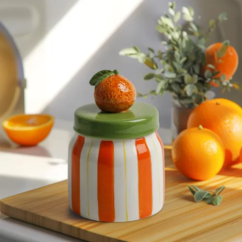 DIF DECO - Tarros para galletas con tapa hermética, recipientes de cerámica naranja pintados a mano con tapas para decoración del hogar y encimeras