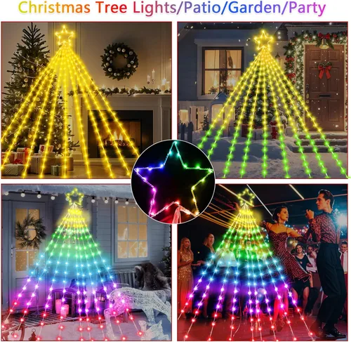 Vista 7 de Vigdur Decoración de Árbol de Navidad de 16.4 Pies - 315 LEDs Luces de Árbol en Cascada de Estrellas Personalizables con Control Remoto