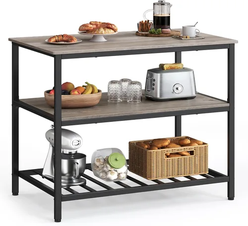 Vista 31 de VASAGLE Isla de cocina con 3 estantes, estante de cocina de 47.2 pulgadas con encimera grande, estructura de acero estable, industrial, fácil