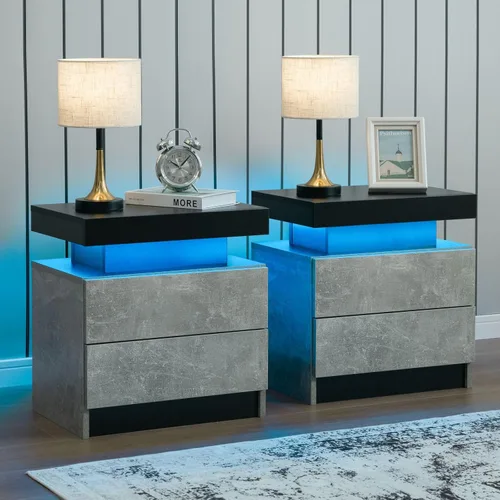 Vista 21 de Generic Juego de 2 Mesitas de noche con 2 cajones, mesa de noche con cajones para muebles de dormitorio, mesa auxiliar con luz LED, color negro