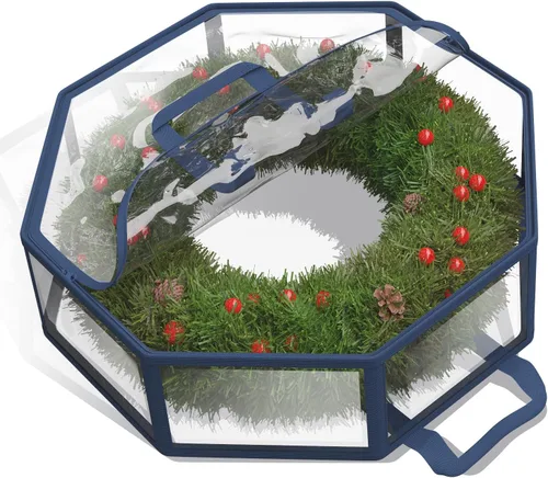 Vista 8 de Contenedor para guardar coronas - Bolsa de almacenamiento para coronas de Navidad de carcasa dura con bolsillos interiores, doble cremallera y asas