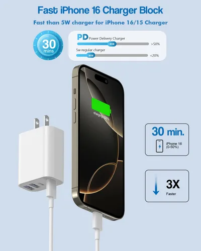 Vista 3 de Bloque de carga rápida de 40 W Apple 17 16, paquete de 2 bloques de cargador USB C rápido de 4 puertos, adaptador de corriente PD y adaptador QC