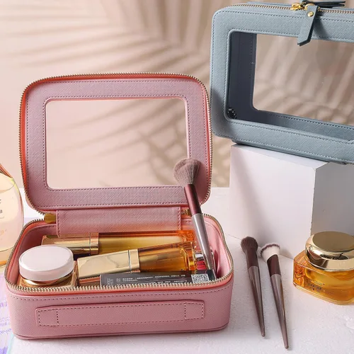 Vista 2 de SANHECUN Neceser impermeable, organizador de cosméticos con asa, abertura grande para viajar, Rosa