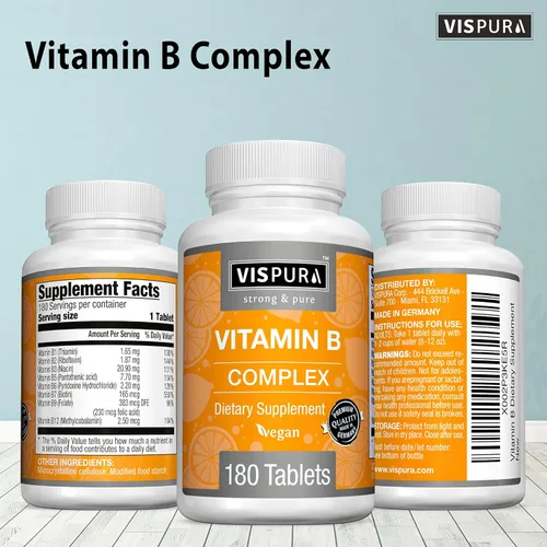 Vista 7 de Complejo de vitamina B, 180 tabletas veganas, todas las vitaminas B, incluyendo B12, B1, B2, B3, B5, B6, B7, B9, ácido fólico, para el estrés