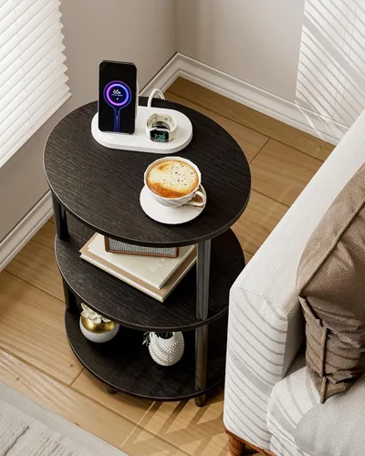 Vista 4 de Mesa auxiliar redonda pequeña, mesa decorativa ovalada de 3 niveles para espacios pequeños, mesita de noche de madera rústica y metal para sala