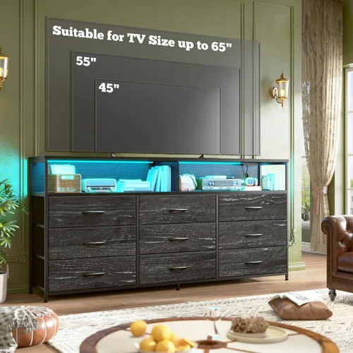 Vista 7 de Romorgniz Cómoda de 55 pulgadas de ancho para dormitorio con 9 cajones, soporte de TV LED con tomas de corriente para TV de 45, 55, 65 pulgadas