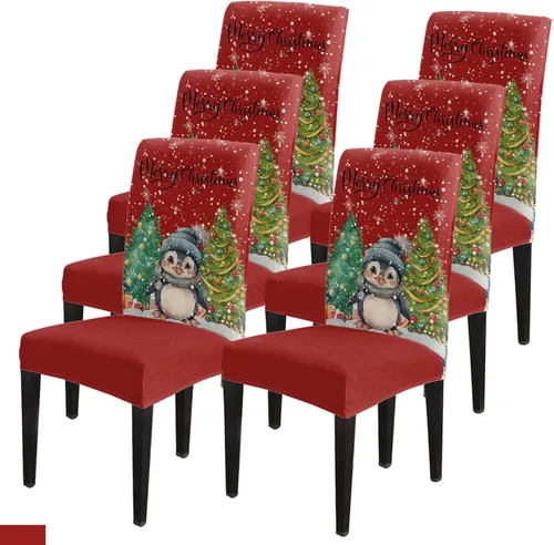 Vista 43 de Savannan - Juego de 4 fundas para sillas de árbol de Navidad, bolas de copos de nieve de color rojo invierno, fundas elásticas para sillas Parsons