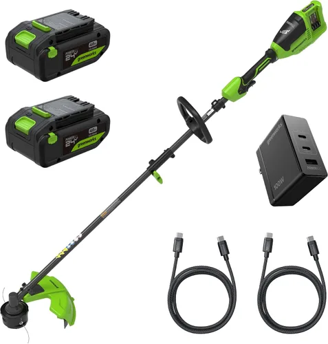 Greenworks Cortadora de cuerda sin escobillas de 48 V (24 V x 2) de 16 pulgadas, línea doble de 0.095 pulgadas, carga rápida, alimentación de