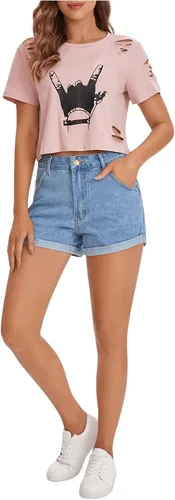 Vista 4 de SweatyRocks - Camiseta de manga corta con estampado gráfico y diseño desgastado para mujer Gesto Negro