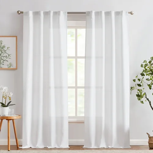 Vista 2 de COLLACT Cortinas blancas para sala de estar, cortinas texturizadas de lino con 84 pestañas traseras, cortinas sólidas filtrantes de luz, cortinas