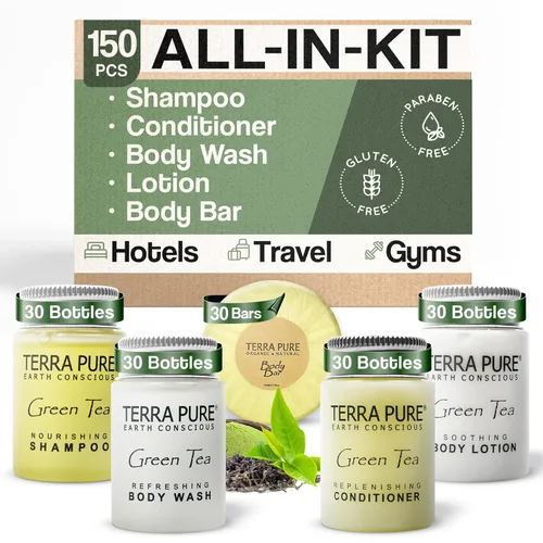 Terra Pure Juego de jabones y artículos de tocador para hotel a granel | Kit de amenidades 1-Shoppe | Champú y acondicionador de 1 oz, gel de baño,