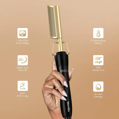Vista 5 de Terviiix Peine Caliente para Pelucas de Encaje Frontal, Peines de Dientes Curvos de Presión para Cabello de Mujeres Negras, Peine Alisador