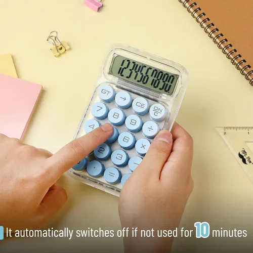 Vista 4 de Mr. Pen - Calculadora de interruptor mecánico, 10 dígitos, azul, cuerpo transparente, pantalla LCD grande, botones grandes, de escritorio, linda