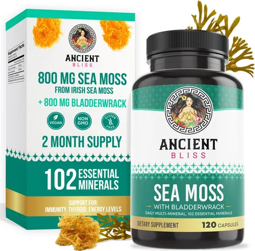 Ancient Bliss Píldoras orgánicas de musgo marino irlandés – Cápsulas de masa marina silvestre Dr. Sebi Wildcrafted | Tiroides, piel saludable y