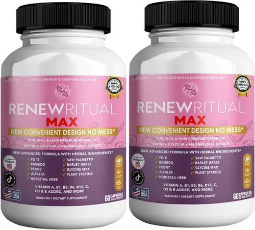 Renew Ritual Max, Suplemento para uñas de piel y cabello, 60 cápsulas, vitaminas A B C D E con biotina (2)