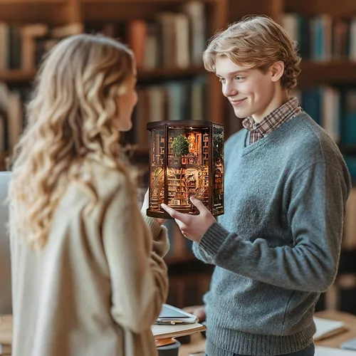 Vista 9 de Juego de anillos de sabiduría para adultos, kit de rincón de libros de madera 3D con luces LED, decoración de biblioteca de rompecabezas