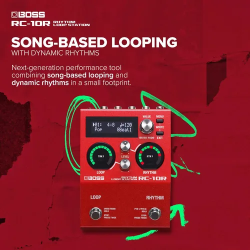 Vista 2 de BOSS RC-10R Rhythm Loop Station Bucle basado en canciones y ritmos dinámicos en un espacio pequeño 280 estilos preestablecidos 16 kits