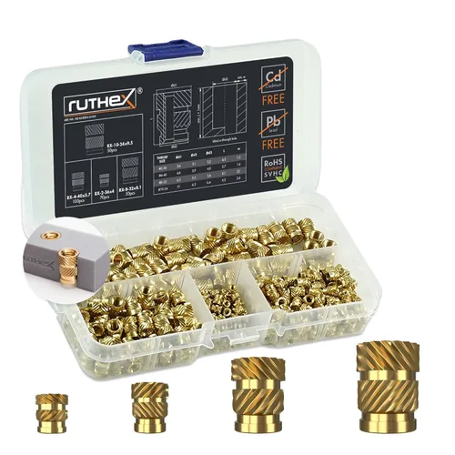 Vista 25 de Ruthex 1/4" Insertos Roscados Cortos - 20 Piezas RX-1/4“-20x6.4 Inserto de Ajuste Térmico de Latón para Partes de Plástico - Pulgadas Tuercas