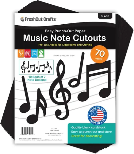 70 piezas de notas musicales negras recortadas decoraciones de fiesta musical en 7 diseños, cartulina fabricada en Estados Unidos, fácil de perforar