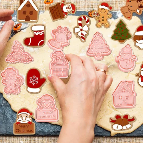 Vista 6 de 24 piezas de sellos de galletas de Navidad, cortadores de galletas de jengibre, cortadores de galletas de Navidad con relieve, cortadores