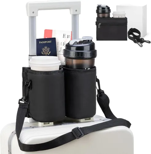 Portavasos de viaje para equipaje con correa para el hombro, aislamiento térmico y bolsillo con cremallera, se adapta a las asas de la maleta,